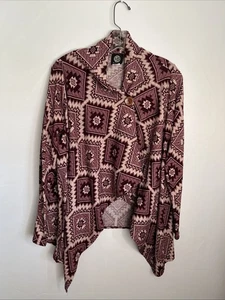 Bobeau Women's L Aztec Print Single Button Long Sleeve Wrap Cape Cardigan EC - Picture 1 of 9