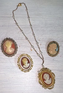Vintage Lot of 4 Cameo Brooches Celluloid & Max Favor Necklace with Perfume - Picture 1 of 20