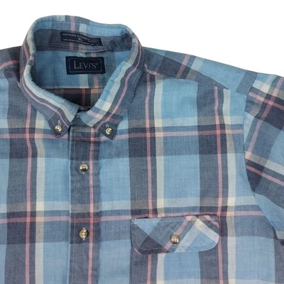 Vintage Levis Button Down Shirt Mens XL Short Sleeve Plaid Blue Pink Lightweight - Image 1 of 4