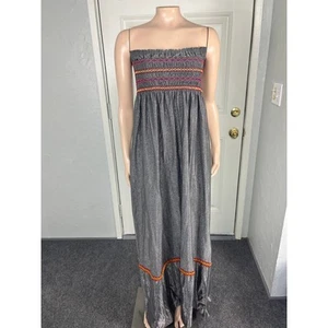 Vintage 70er Kleid Maxi Lurex silber bestickt lang trägerlos gesmokt T3-21 - Bild 1 von 5