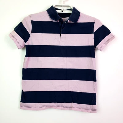 H&M Basic Youth Boys Size 8 Pink Navy Blue Stripe Cotton Casual Polo Shirt Top - Image 1 of 4