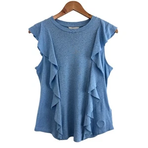 Ted Baker Top Size 3 UK 12 Frill Ruffle Vest Blue Cotton Linen Tank Kathley - Picture 1 of 7