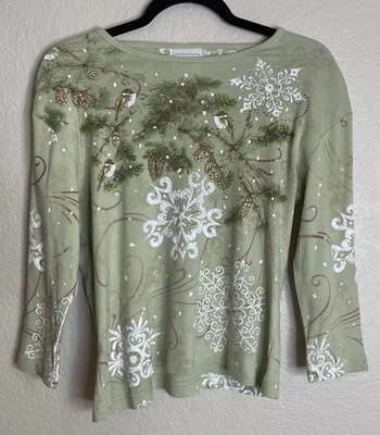 Camisa Top Morning Sun Para Mujer Mediana Vacaciones Mangas 3/4 Pájaros Nieve Floral Foto 1 de 4