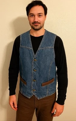 复古牧马人牛仔西部穿背心男式 L 蓝色牛仔裤衬里皮革装饰牛仔 — 第 1/4 张图片