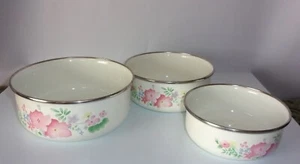 Vintage Set of Enamel Ware Nesting Storage Bowls with Pink Purple Yellow Flowers - Picture 1 of 5