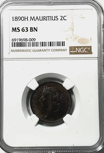 1890 H Mauritius 2 C NGC MS63 BN - Picture 1 of 4