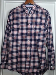 Tommy Hilfiger Shirt Mens Lg Red White & Blue Plaid Long Sleeve Button Up Cotton - Picture 1 of 6