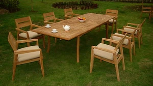 9 PC OUTDOOR DINING TEAK SET - 117" DOUBLE EXTN RECT TABLE,8 STACKING ARM CHAIRS - Picture 1 of 7