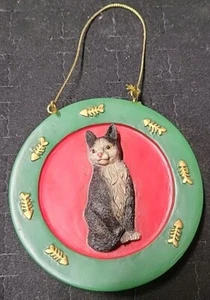 Cat With Fishbones Plate Christmas Ornament Red/Green - Picture 1 of 2