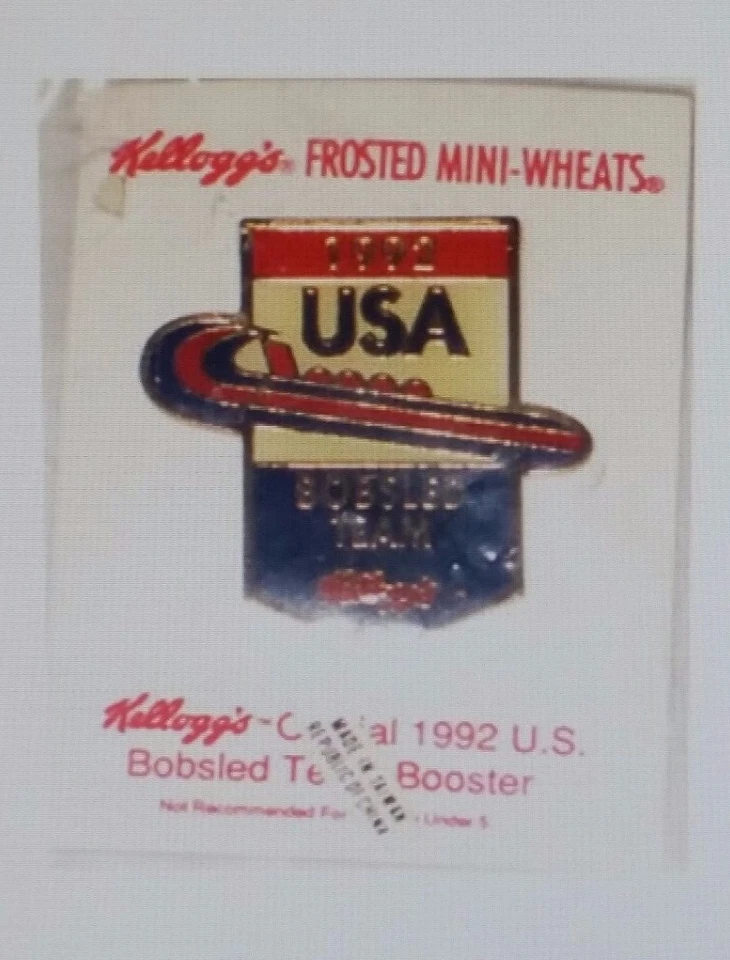KELLOGG'S CEREAL 1992 BOBSLED TEAM WINTER OLYMPICS LAPEL PIN ON ORIGINAL CARD - Image 1 of 1
