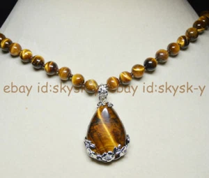 8MM GENUINE TIGER'S EYE GEMSTONE BEAD NECKLACE DROP PENDANT 18" AA USA SELLER - Picture 1 of 5