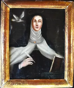Antique 19th C. Spanish Colonial Painting/Retablo on canvas- Santa Teresa - Picture 1 of 4