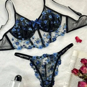 Damen Blumen BH Panty Set Stickerei Spitze Unterwäsche Sexy Transparent Dessous - Bild 1 von 13