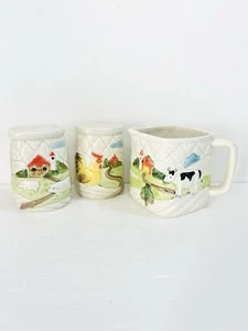 ✨Vintage Otagiri Quilted Farm Salt & Pepper Shakers & Creamer. Cow Rooster Pig. - Picture 1 of 6