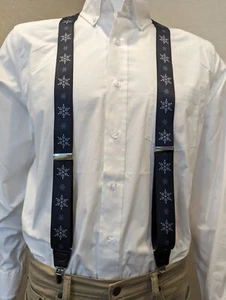 1 1/4 Navy Blue Elastic Suspenders Braces White baby Blue snow flakes winter New - Picture 1 of 3