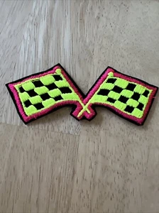 Bandiera da corsa Neon Checker verde rosa nero toppa ferro vintage anni 80 - Foto 1 di 6
