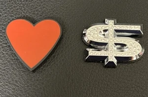 Bling Chrome DOLLAR/MONEY & Red Heart Sign ABS STICK ON EMBLEM DECAL 2PCS - Picture 1 of 6