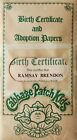 1985 Cabbage Patch Kids Birth Certificate & Adoption Papers Only Envelope Extras