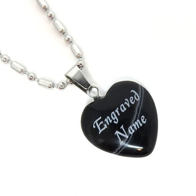 Collar Colgante Corazón Piedra Ágata Con Bandas Negras - Grabado Personalizado Foto 1 de 4
