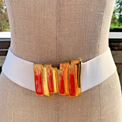 Винтажный эластичный заявление Cinch талии M ремень белое золото красный диско ретро 80-х гламур - Изображение 1 из 4