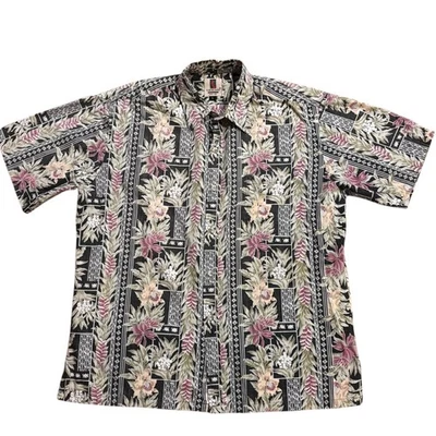 Camisa Tori Richard Honolulu Grande Algodón Césped Aloha Negra Tapa Jengibre Floral Foto 1 de 4