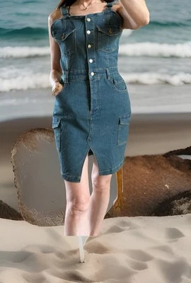 Mini vestido jeans feminino bebe sem mangas botão frontal tamanho M novo com etiquetas $74 - Imagem 1 de 4