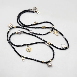 AEO American Eagle Outfitters Necklace Black Seed Bead Gold tone Charms Long 36" - Picture 1 of 7