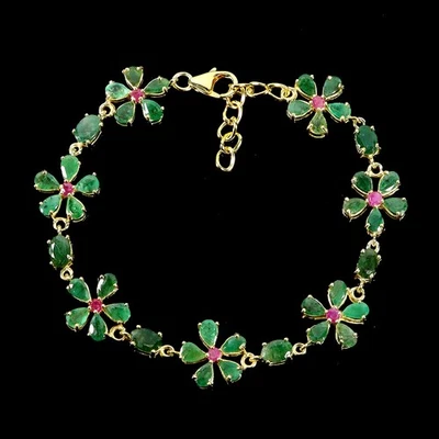 925 Sterling Silver Bracelet Pear Emerald 6x4mm Ruby Flower Gemstone Jewelry 8 - Image 1 of 4