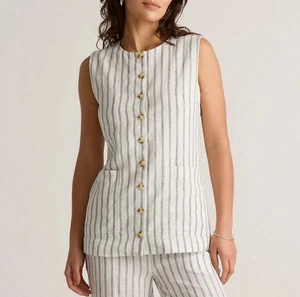 Quince European Linen Longline Vest Womens Size large Oatmeal Button Front NEW - Picture 1 of 8