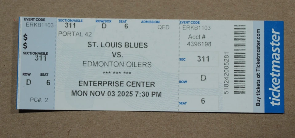 St. Louis Blues Edmonton Oilers Ticket Stub 11/3/25 Connor McDavid 1100 Point - Image 1 of 2