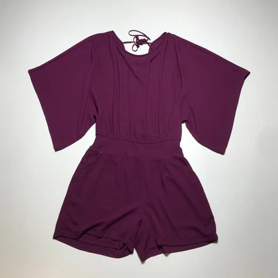 White House Black Market Kimono Sleeve Romper Smocked Eggplant Purple Size 00 - Image 1 of 4