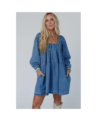 Azura Exchange Tiered Denim Mini Dress Women Dusk Blue Mini Dresses Foto 1 de 4