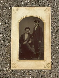 Antique Tintype Photo Men Smoking Cigars Affectionate Wearing Hats Tobacco Fancy - Picture 1 of 10