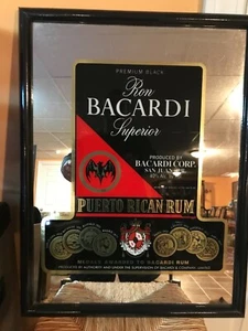 VINTAGE BLACK FRAMED MIRROR BACARDI RUM BAR PLAQUE - Picture 1 of 3