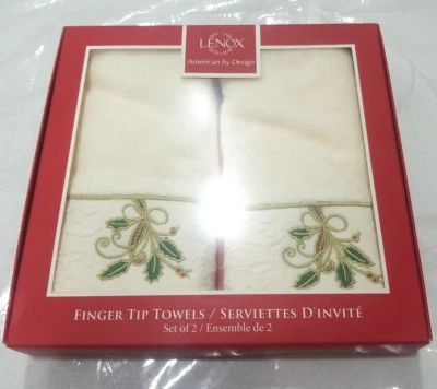 Juego de 2 toallas Lenox punta dedo 7726 cinta y acebo marfil diseño americano NUEVO Foto 1 de 4
