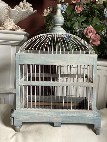 Vintage VICTORIAN DOME TOP WOOD BIRD CAGE FRENCH WIRE HAND PAINTED DISTRESSED Cover
