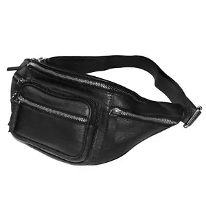 Black Leather Fanny Pack Multi-Pocket Waist Bag for Travel Hiking Running - Picture 1 of 9