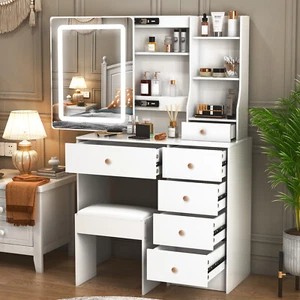 NEU Schminktisch Frisiertisch Kosmetiktisch mit Spiegel LED Beleuchtung & Hocker - Bild 1 von 10
