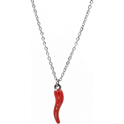 Collana con CORNO ROSSO in ACCIAIO INOX Portafortuna argento Cornetto Uomo Donna - Immagine 1 di 4