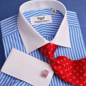 Blue Mens Business Formal Dress Shirt French Contrast Cuff Stripe Classic Luxury - Picture 1 of 13