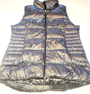 Chaleco acolchado acolchado gris plateado metálico Calvin Klein cuello Sherpa para mujer grande Foto 1 de 4