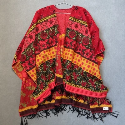 Poncho Envolvente Mujer Rojo Floral Rosa Tapiz Acrílico Flecos Boho Hecho en Francia Foto 1 de 4