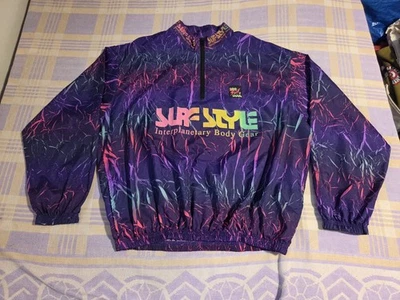 Crazy RARE Vintage SURF STYLE 80s 90s Neon Windbreaker Jacket USA Ripple Dye - Image 1 of 4