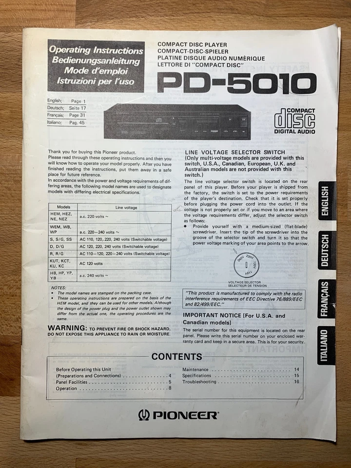 Manuale originale Pioneer PD-5010 lettore CD italiano tedesco francese inglese - Immagine 1 di 3