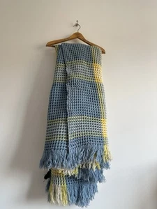 Vintage Derw Welsh Wool Blanket Blue Yellow Check Waffle Honeycomb Blanket - Picture 1 of 12