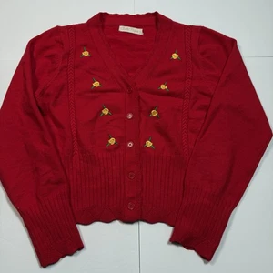 Cardigan maglione donna Belle Poque grande rosso ricamato floreale bottoni scollo V - Foto 1 di 8