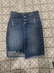 KanCan Midi Skirt Womens Size L Blue Stretch Denim Raw Hem New - Picture 1 of 9