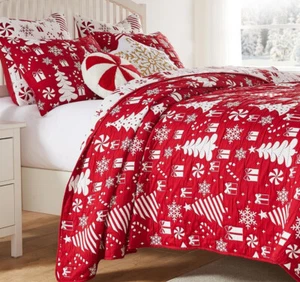 RED PEPPERMINT CHRISTMAS 3p Queen QUILT SET: WHITE PINE TREES SNOW CANDY HOLIDAY - Picture 1 of 6