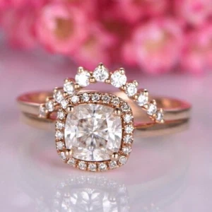 2.60Ct Natural Real Moissanite Bridal Engagement Ring Set 14K Rose Gold Plated - Picture 1 of 10