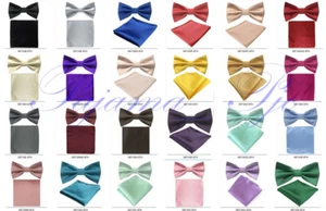 New Boy Kid Micro Fiber Bow Tie Solid Pre-tied Bowtie & Pocket Square Hanky Set - Picture 1 of 27